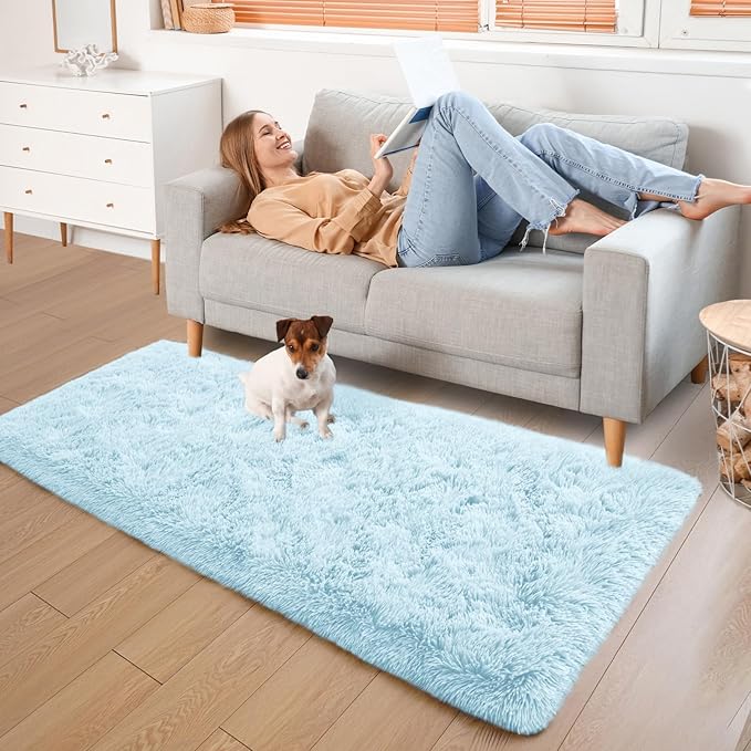 YJ.GWL Fluffy Runner Rugs for Bedroom Living Room Soft Shag Area Rug 2x6 Feet, Light Blue Rug Fuffy Carpet Non Slip for Nursery Dorm, Fuzzy Bedside Rug for Kids Room Home Decor