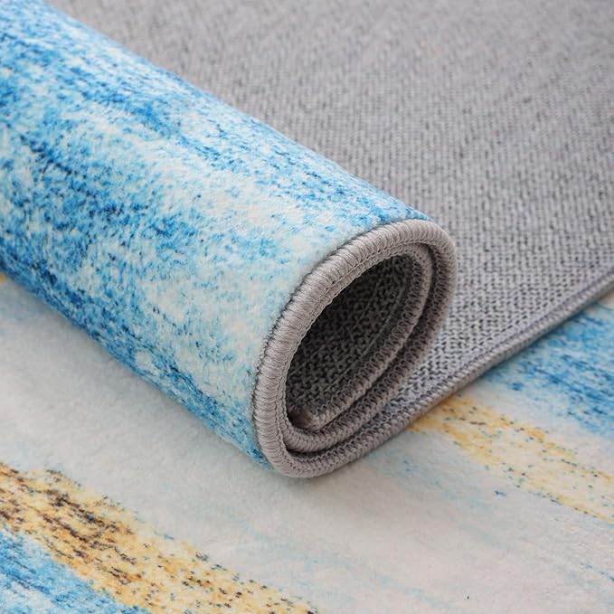 Carvapet Rugs for Living Room, Blue Modern Abstract Low Pile Large Carpet with Rubber Backing, Foldable, Non Slip Machine Washable (12 x 9 Feet Rectangular, Sky Blue Area Rug)