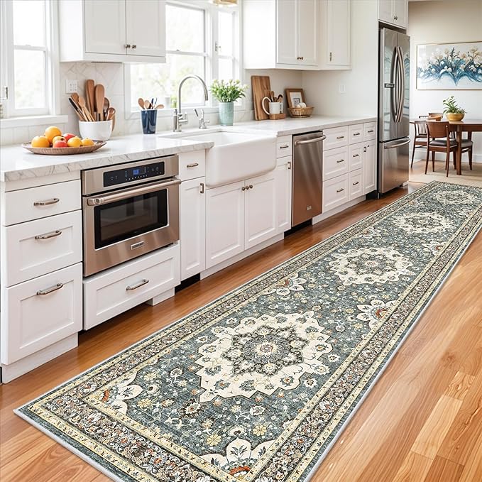 Washable Oriental Hallway Runner Rug - 3x14 Rugs for Living Room Soft Carpet for Bedroom Kitchen Waterproof Floral Distressed Indoor Stain Resistant Non-Shedding Floor Carpets (Blue, 3X14)