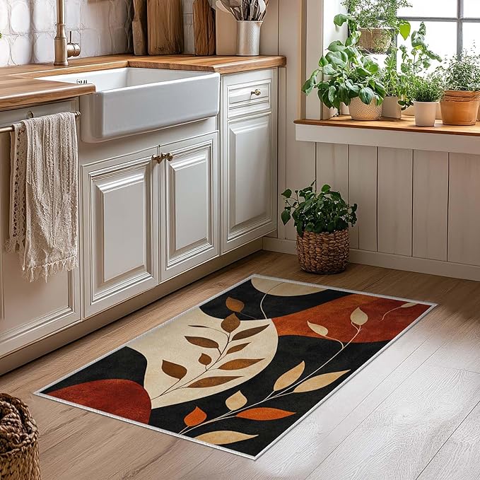 2x3 Entryway Rugs Machine Washable Boho Area Rug Vintage Black Brown Leaf Modern Abstract Rug Non-Slip Low Pile Door Mat Entrance Small Carpet for Home Kitchen Bathroom Bedroom