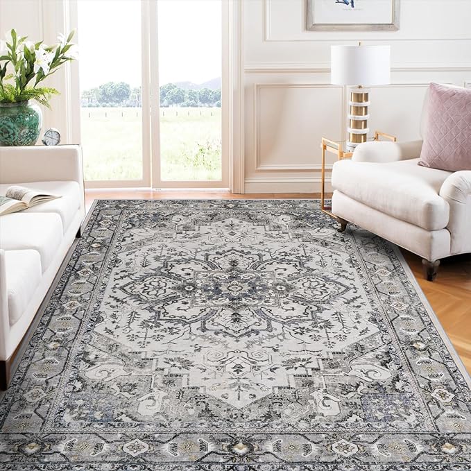 Washable Area Rug Vintage - Living Room Farmhouse Oriental Rug 5x8 Distressed Non-Slip Stain Resistant Carpet for Bedroom Dining Room Home Office (5x8 Grey/Blue)