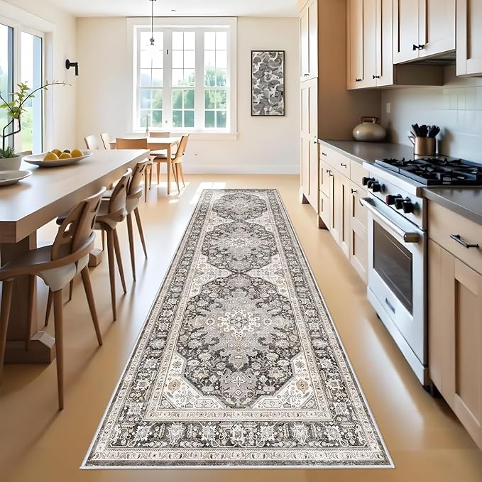 Runner Rug 3x10 - Non Slip Runners for Hallway Washable Oreiental Neutral Entryway Rugs with Rubber Backing Long Indoor Farmhouse Floor Mat Kitchen Soft Low Pile Stain Resitant Thin Carpet 3x10 Grey