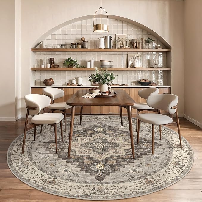 Vintage Round Rug 4ft Washable Circle Rug, Non Slip Small Boho Round Rug, Low Pile Circular Rugs, Round Carpet for Bedroom,Entryway,Nursery,Dorm,Kitchen,Brown/Grey