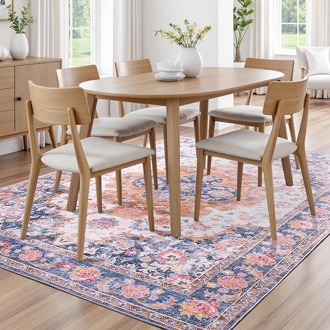 4x6 Area Rugs for Living Room, Foldable Machine Washable Rug, Soft Low Pile Non-Slip Vintage Floral Rug, Carpet for Bedroom, Dining Room, Bedside, Farmhouse, Office, Dorm (Blue, 4'×6')