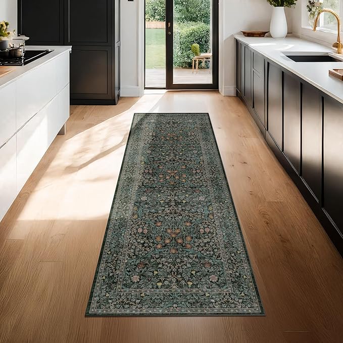 Non Slip Dark Green 2x6 Kitchen Runner Rug Washable, Long Rubber Backed Hallway Runner Rugs, Boho Vintage Floral Botanical Non Skid Carpet for Entryway, Laundry Room, Bathroom Floor Mat