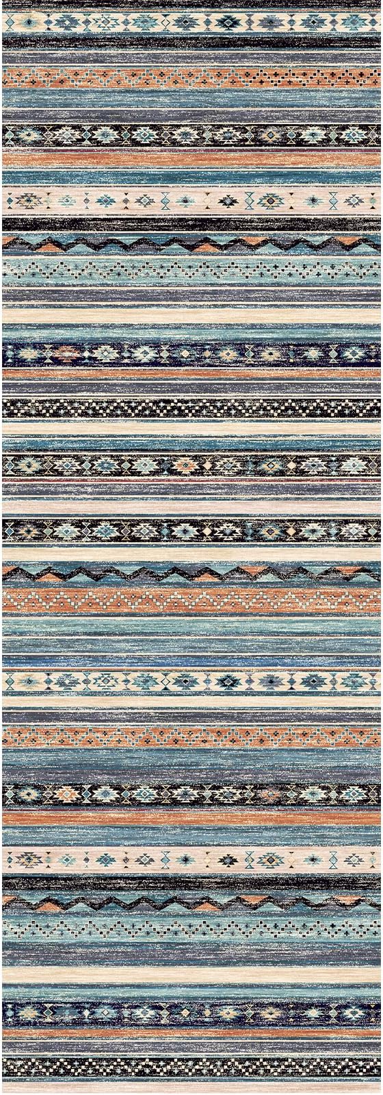 2x6 Runner Rug Washable: Non-Slip Southwestern Striped Carpet for Hallway Kitchen Entry - Farmhouse Low Pile Stain Resistant Long Thin Front Door Mat 2x6 Blue/Black/Multi