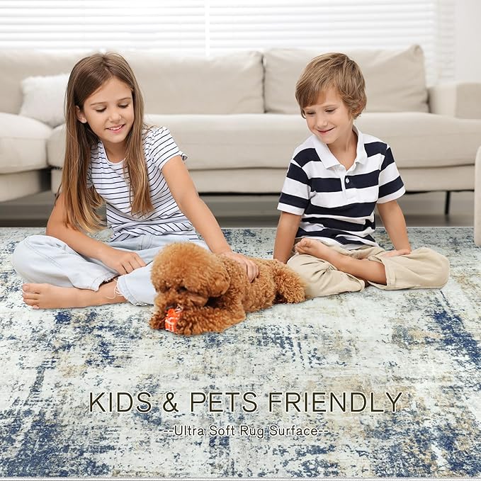10x14 Area Rugs Living Room Rugs: Large Washable Rug with Anti-Slip Backing Non-Shedding Stain-Resistant Soft Abstract Carpet for Bedroom Dining Room Nursery Home Office Blue Brown