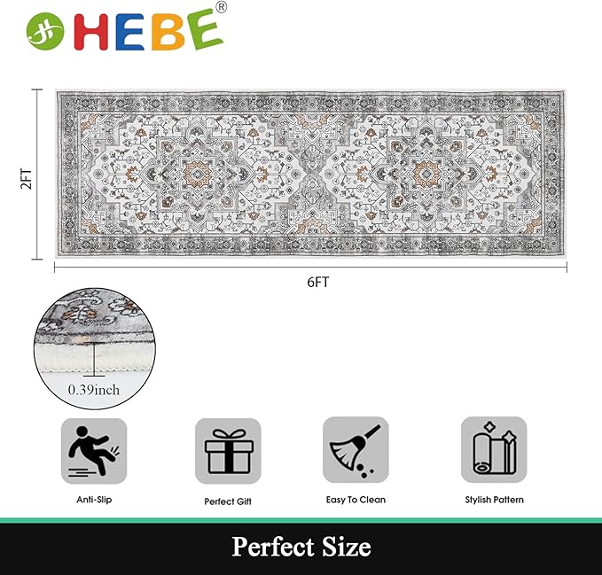HEBE Hallway Runner Rug 2'x6' Washable Vintage Distressed Area Rugs Non Slip Laundry Rug Runner Boho Floor Carpet Runners for Hallways Entryway Laundry Room Kitchen Bathroom