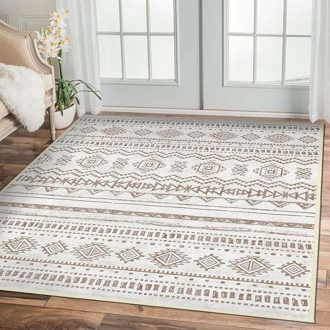 Washable Area Rugs 5'x7' Living Room, Non Slip Boho Vintage Low Pile Large Rugs for Living Room Stain Resistant for TribalBedroom, Farmhouse, Dining Room, Kids Playroom