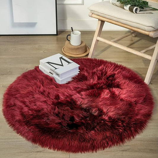 Ashler faux fur rug, Fluffy Shaggy Area Rug Ultra Soft 3 x 3 Feet Round Fur Rug, Deep Red Fuzzy Rug Machine Washable Shag Rug, Nursery Decor Throw Rugs for Bedroom, kids room, Living Room
