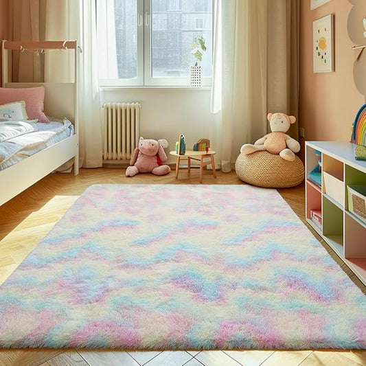 6x9 Fluffy Area Rug for Living Room,Shag Area Rugs for Bedroom,Soft Fuzzy Rug Non-Shedding Indoor Plush Carpet for Kids Bedroom Nursery Dorm Home Decor,Rainbow
