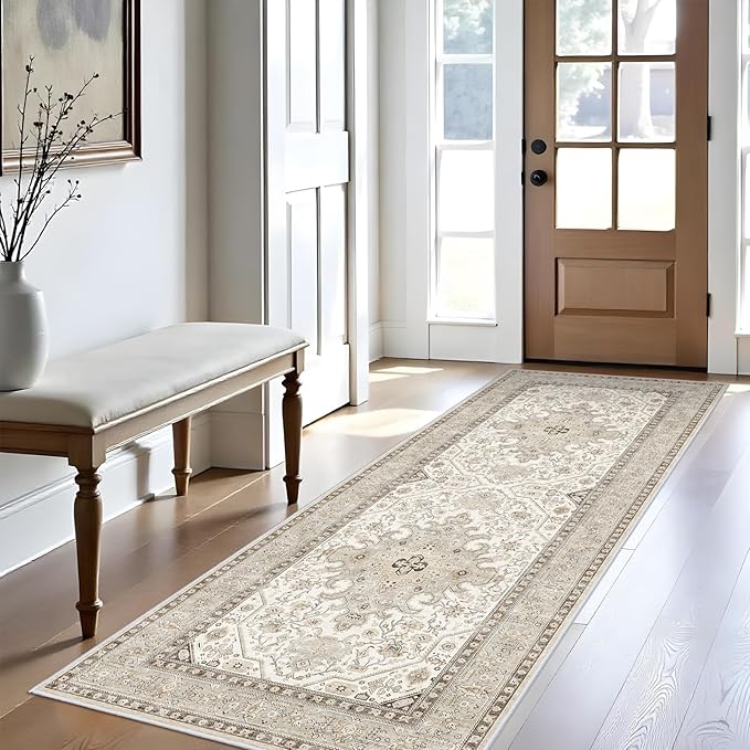 3x8 Runner Rug Kitchen - Hallway Non Slip Washable Oriental Runners Soft Indoor Neutral Carpet for Entry Bedroom Farmhouse Low Pile Stain Resistant Hall Rugs Long Thin Front Door Mat - 3x8 Ivory