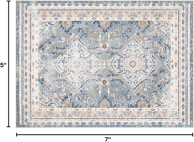 Phantoscope Vintage Collection Area Rug 5'x7' for Living Room - Washable Rug Large Boho Carpet Non-Slip for Bedroom Dining Room, Indoor Low-Pile Neutral Distressed Accent Rug, Dusty Blue/Multi