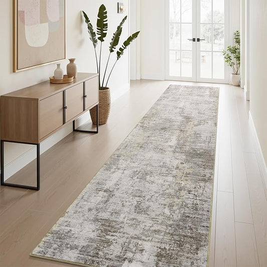 AMOAMI 2 x 10 Hallway Runner Rug Non Slip Super Soft Long Runner Rugs Machine Washable Low Pile Modern Abstract Runners for Hallways for Bedroom Laundry Room Kitchen, Beige