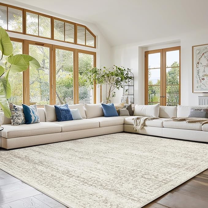 Washable Rugs 10x14 Area Rugs for Living Room,Rugs for Bedroom,Large Carpets,Ultra Soft Faux Wool Retro Dining Room Rug,Non Slip&Non-Shedding Low Pile Vintage Print Rug for Home Office Decor