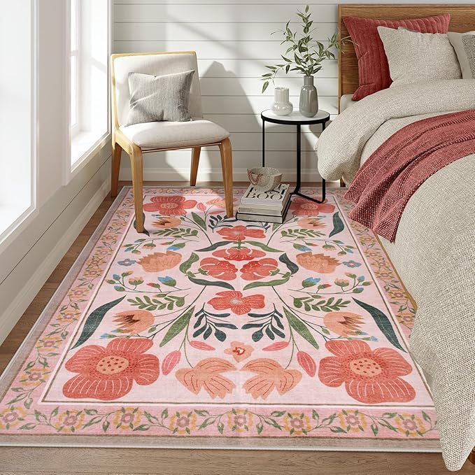 Beeiva Floral Washable Rugs for Living Room, Soft 5x7 Area Rugs Boho Non Slip for Bedroom, Ultra-Thin Low Pile Floor Carpet for Nursery Beige Rug Girl (Beige,5'x7')