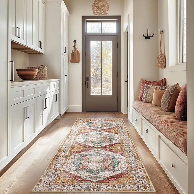 Washable 2x8 Area Rugs, Rugs for Living Room, Low-Pile Water&Stain Resistant Carpet Vintage Distressed Printed Non-Slip Carpet for Bedroom Bathroom Kitchen-Yellow/Brown