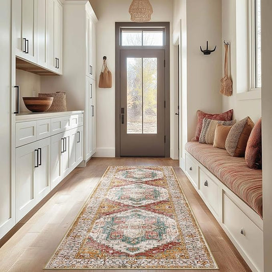Washable 2x8 Area Rugs, Rugs for Living Room, Low-Pile Water&Stain Resistant Carpet Vintage Distressed Printed Non-Slip Carpet for Bedroom Bathroom Kitchen-Yellow/Brown