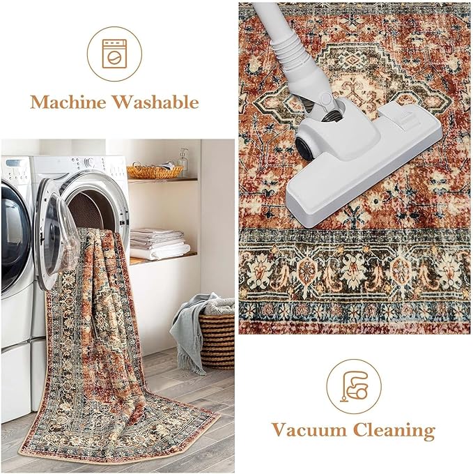 Lahome Oriental Hallway Runner Rug Non Slip, 2.5x8 Kitchen Washable Runner Soft Hallway Rug, Traditional Ultra-Thin Carpet for Bathroom Entryway ‎Laundry Room, Brick Red