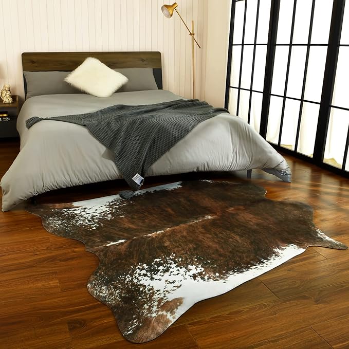 BENRON Faux Cowhide Rug, Western Cow Hide Rugs for Living Room Bedroom Home Decor, Non Slip Cute Rug with Irregular Animal Skins and Hides, Olive Green, 4.6 x 5.2ft
