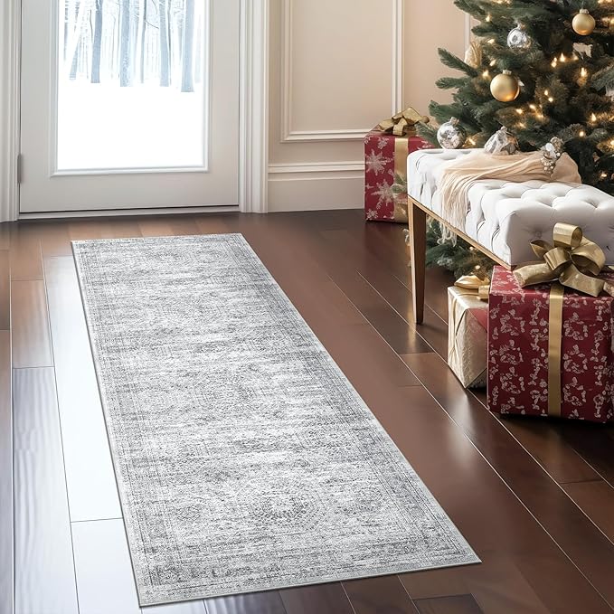 Runner Rug 2'x6' Washable Non-Slip Runner Rugs for Kitchen Bathroom Laundry Room Grey Vintage Floor Carpet Runners for Hallway Entryway