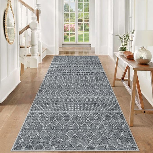 2x6 Runner Rug: Washable Boho Hallway Geometric Moroccan Throw Rug Neutral Modern Farmhouse Indoor Soft Non Slip Ultra Thin Printed Pattern Rugs for Kitchen Bedroom Laundry (Black, 2'x6')