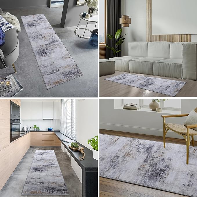 Toneed 2x6 Runner Rug Modern Abstract Hallway Rug Washable Non Slip Rubber Rugs for Kitchen Stairs Entryway Bedroom Living Room Printed Low Pile Foldable Accent Rugs Grey/Brown