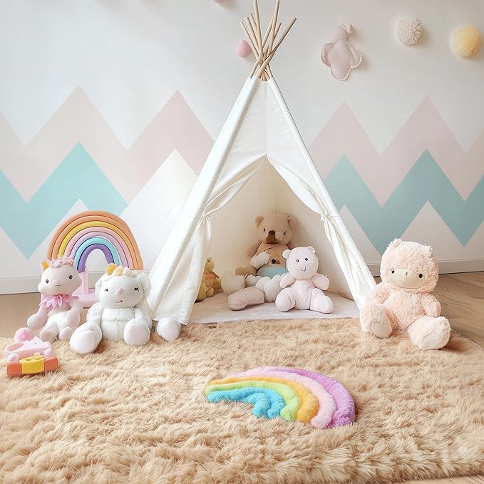 OLANLY Area Rugs for Living Room Bedroom, Machine Washable 4x5.9 Feet Soft Fluffy Shaggy Bedside Rug, Indoor Floor Carpet for Kids Girls and Boys, Dorms, Nursery Rooms, Home Decor Aesthetic, Beige