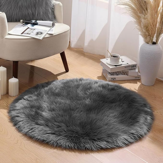 Ashler Faux Fur Rug - Fluffy Shaggy Area Rug, Ultra Soft 3x3 Feet, Dark Grey, Machine Washable, Perfect for Nursery, Bedroom, Living Room