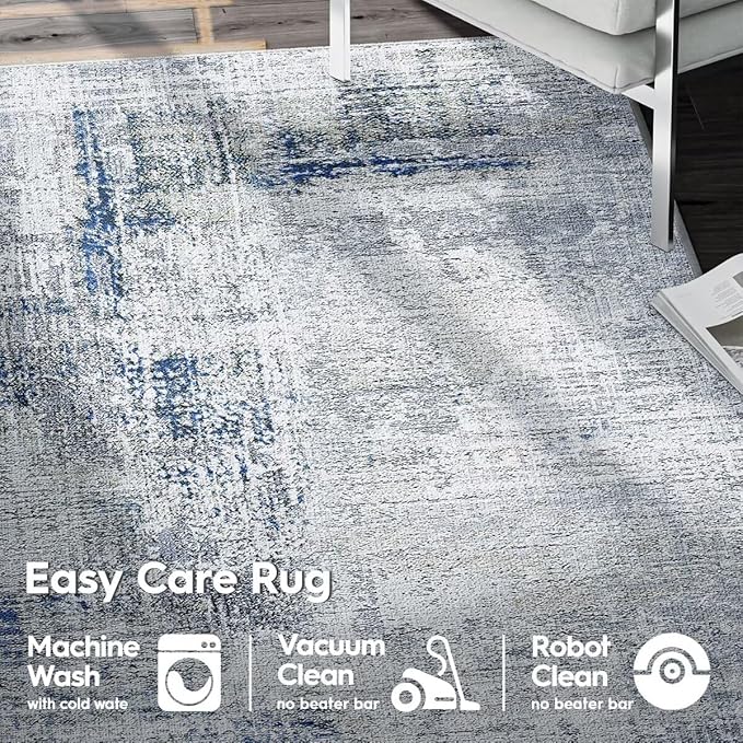 Eleisa Modern Abstract 2x8 Hallway Runner Rug, Blue & Grey, Non-Slip Washable Low Pile Rugs, Vintage Rug Hallway Indoor Carpet for Kitchen, Entryway and Laundry Room