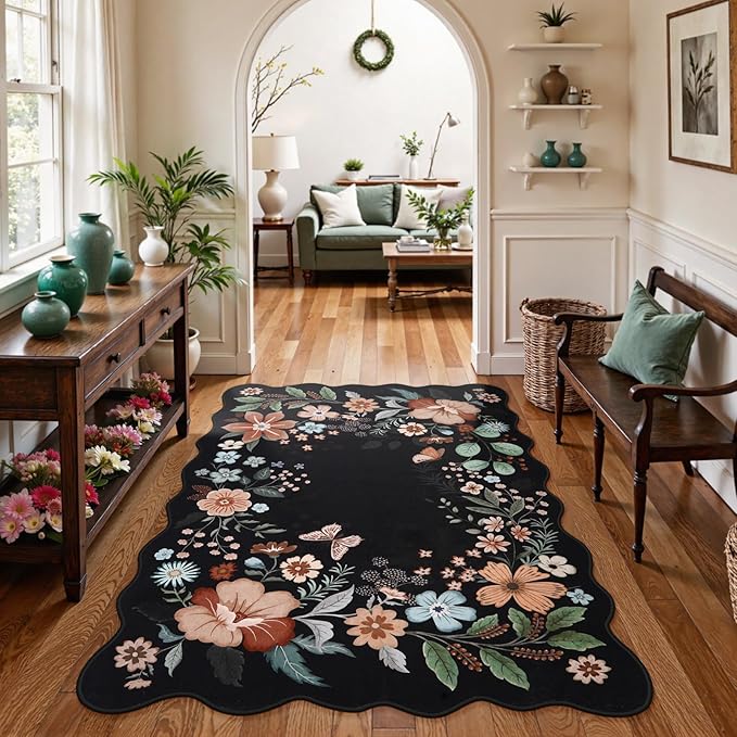 Beeiva 5x7 Rugs for Living Room, Floral Washable Area Rug for Bedroom Under Bed, Thin Low Pile Foldable Large Carpet for Office, Playroom, Dining Room - Black