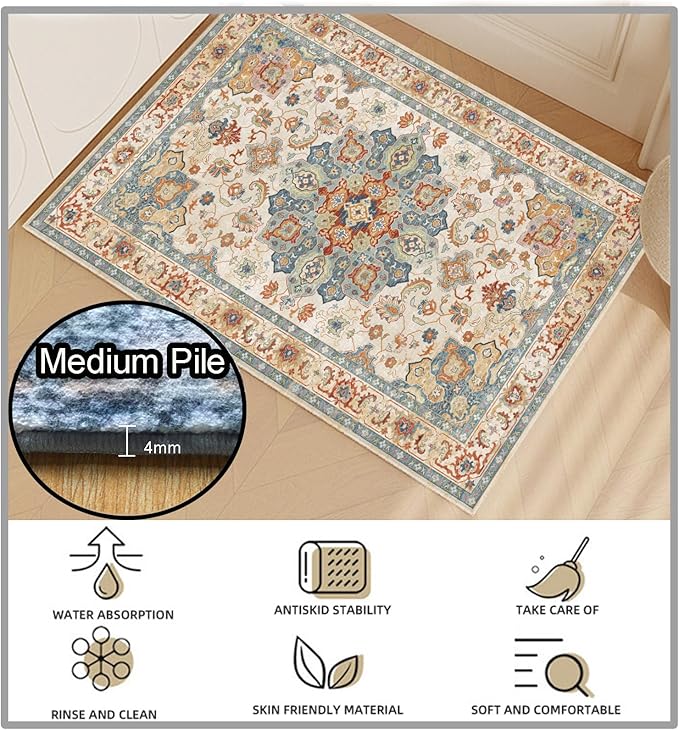 Yancorp 3'x5' Boho Area Rug for Bedroom Non Slip Washable Rug Vintage Carpet Living Room Non-Shedding Indoor Floor Mats Bedroom Kitchen Entryway Rugs-Rectangular Blue Red