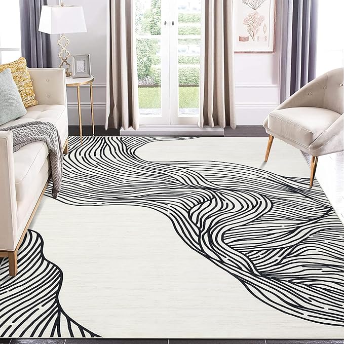 Washable Rug 5x7 Modern Abstract Area Rugs for Living Room Non Slip Backing Indoor Carpet Soft Faux Wool Bedroom Rug Low Pile Non-Shedding Rug for Dining Room Nursery Office Cream