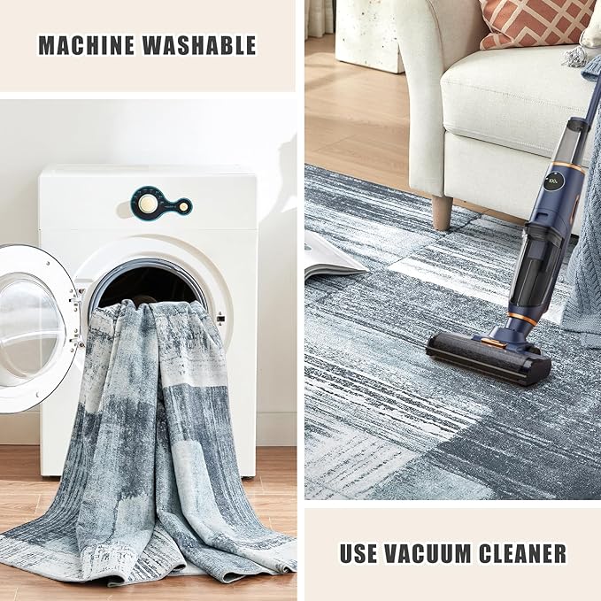 Washable Rug 5x7 Abstract Low Pile Bedroom Living Room Area Rug Modern Non Slip Lightweight Carpet for High Traffic Areas Home Dining Room, Blue&Grey