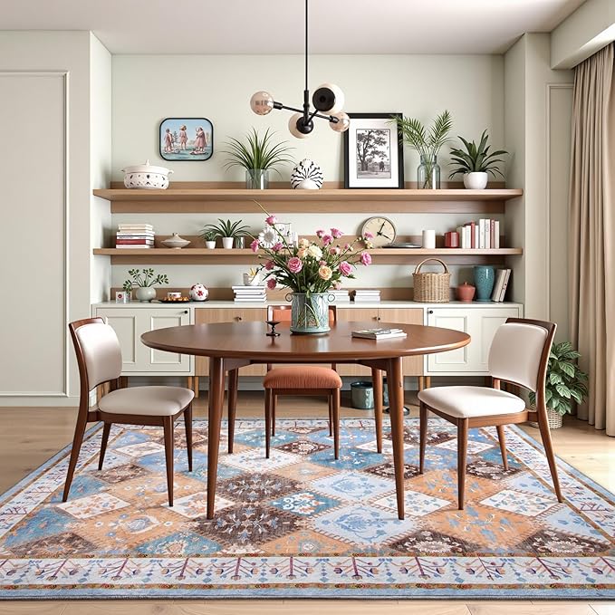 Blue Washable Area Rug for Bedroom, 3x5 Boho Non-Slip Living Room Rugs, Moroccan Floral Trellis Carpet Soft Low Pile Vintage Indoor Mat for Bedside Entryway Kitchen Laundry Room