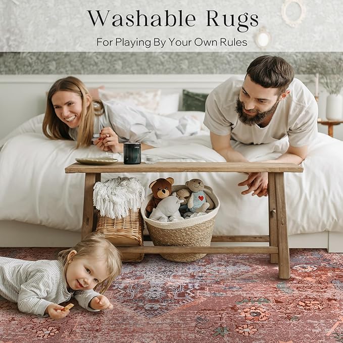 Phantoscope Vintage Collection Area Rug 5'x7' for Living Room - Washable Rug Large Boho Carpet Non-Slip for Bedroom Dining Room, Indoor Low-Pile Neutral Distressed Accent Rug, Rust/Multi