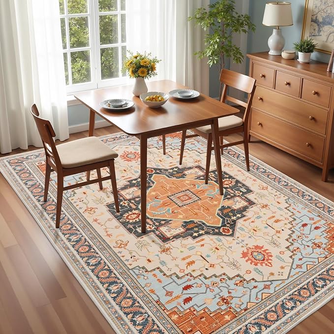 4x6 Orange Beige Area Rug for Living Room, Machine Washable Rugs with Non-Slip Backing for Bedroom, Vintage Medallion Carpet Kitchen Laundry Kids Room Decor