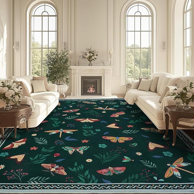 ASPMIZ Insect Area Rug 8X10 Living Room Rug, Spring Summer Washable Rug Non Slip, Farmhouse Butterfly Rugs for Living Room Low Pile, Soft Faux Wool Throw Carpet for Kids Room Dining Room, Dark Green