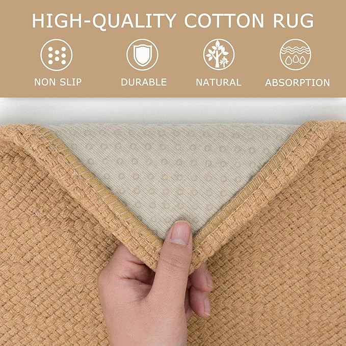 KOZYFLY Washable Runner Rug 2x8 Ft Runners for Hallway Rubber Backed Kitchen Entryway Runner Indoor Runner Rugs Braided Cotton, Carpet Runners for Hallway Entryway Bedroom, Warm Tan
