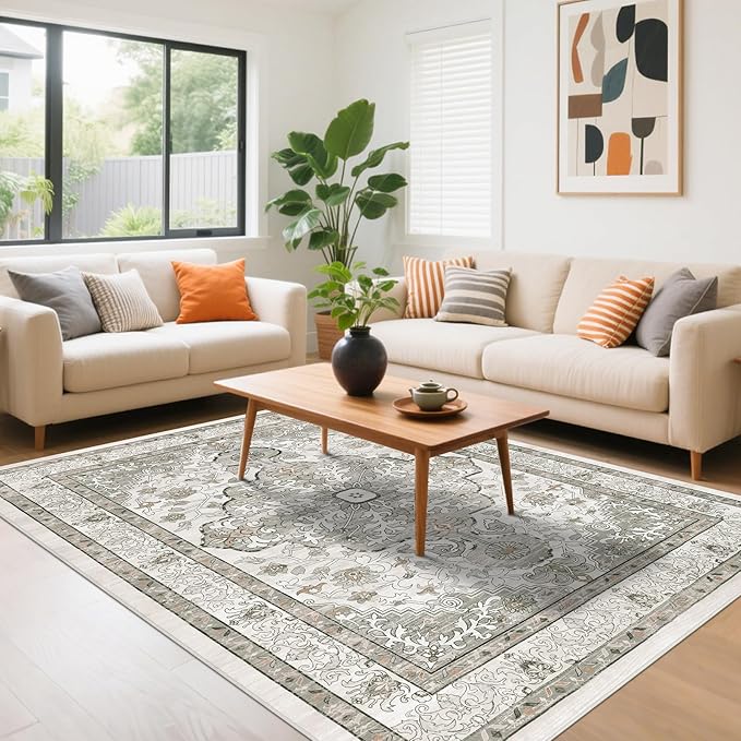 U'Artlines Boho Vintage Area Rug 5x7 Machine Washable Low Pile Soft Floor Carpet Non Slip Non Shedding Accent Rug for Living Room Bedroom Entryway Dining Room Office Grey Taupe