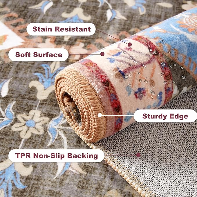 2x6 Washable Kitchen Runner Rug, Brown Boho Non-Slip Bedroom Rugs, Moroccan Floral Trellis Hallway Carpet Soft Low Pile Vintage Indoor Mat for Entryway Bedside Bathroom