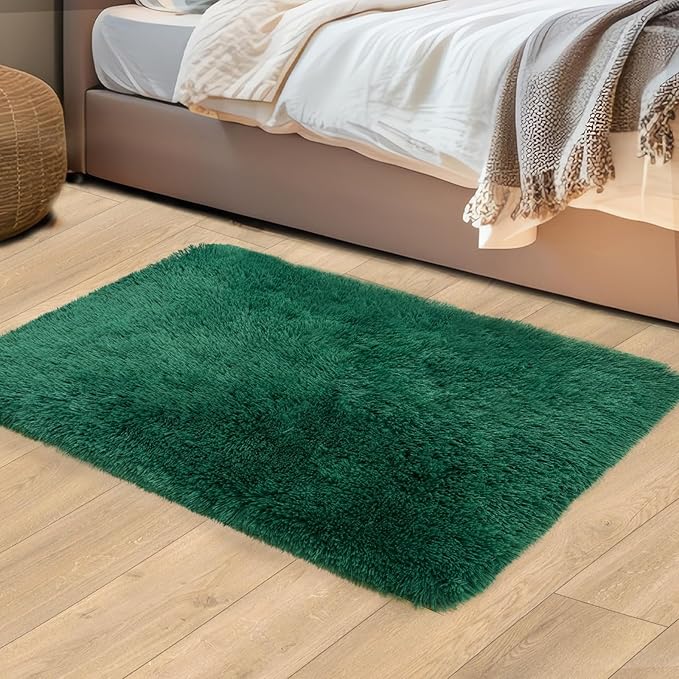 2x3 Rugs for Bedroom, Fluffy Dark Green Area Rugs for Living Room, Soft Shag Kids Rug Small Carpet with 4 Non-Slip Rug Pads (2ft x 3ft, Dark Green)
