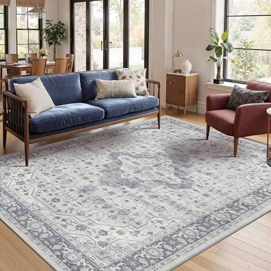 5X7 Washable Area Rug for Living Room, Vintage Large Boho Rugs for Office, Dining Room, Kids Room, Farmhouse, Durable Low Pile Non Slip Carpet for High Traffic Areas, Blue Quartz