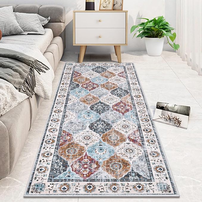 HEBE Hallway Runner Rug 2'x5' Washable Vintage Distressed Area Rugs Non Slip Laundry Rug Runner Boho Floor Carpet Runners for Hallways Entryway Laundry Room Kitchen Bathroom