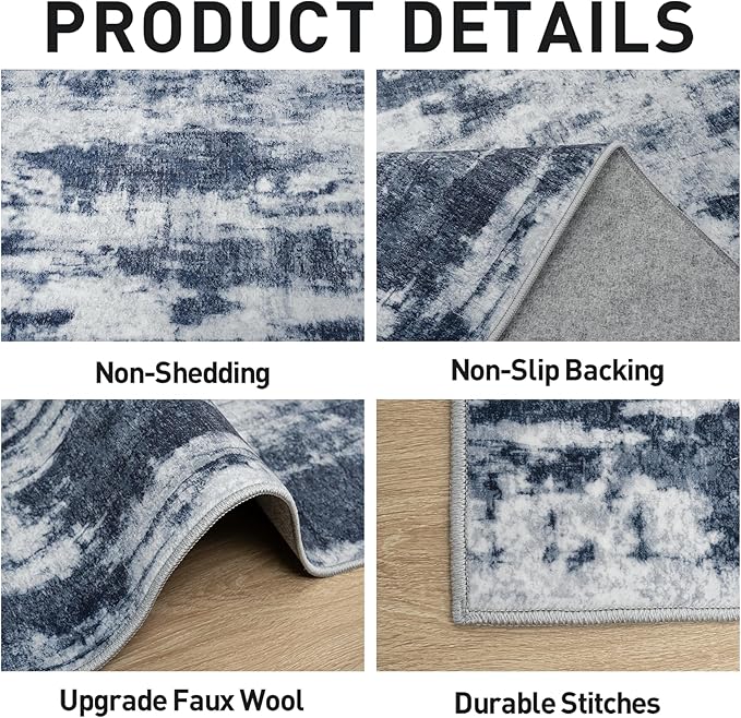 2'6''x8' Runner Rugs Washable Rug: Modern Abstract Living Room Rug Soft Anti-Skid Thin Carpet Indoor Floor Non-Shedding Carpets for Bedroom Dining Room Farmhouse Nursery Home Office Blue Grey