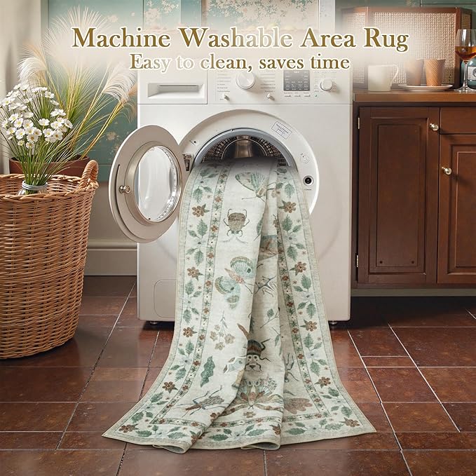 Beeiva Insect Print Rug 5x7, Washable Throw Rugs for Bedroom, Non Slip Soft Low Pile Ultra Thin Foldable Carpet for Office, Kids Room, Playroom, Nursery, Living Room - Beige