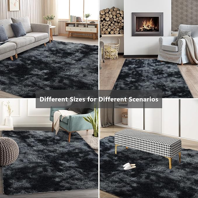 9X12 Large Area Rugs for Living Room Bedroom,Big Shag Rug for Bedroom Dorm,Soft Fluffy Indoor Carpet Nursery Rugs for Kids Girls Room Home Decor(Mottling Black, 9X12 Feet)