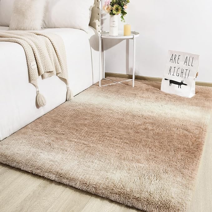 TWINNIS Super Soft Shaggy Rugs Fluffy Carpets, 5x8 Feet, Indoor Modern Plush Area Rugs for Living Room Bedroom Kids Room Nursery Home Decor, Upgrade Anti-Skid Rectangular Fuzzy Rug, Tan White
