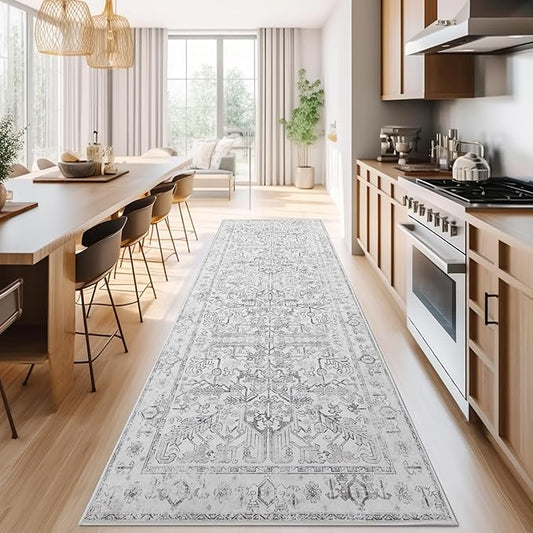 jinchan Kitchen Runner Rug 3x10 - Vintage Floral Machine Washable Non-Slip Hallway Runner Rug with Rubber Backing Ultra-Thin Carpet for Bedroom Laundry Room Farmhouse (3x10ft,Grey)