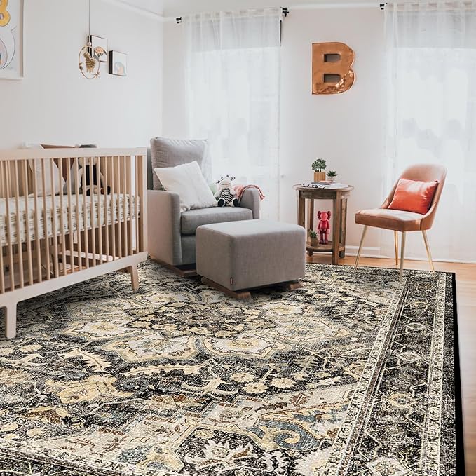 Washable Area Rugs 8x10 - Large Rugs for Living Room Non-Slip Non-Shedding Thin Carpet for Bedroom Kitchen Stain and Water Resistant Indoor Carpets (Black/Grey, 8x10)